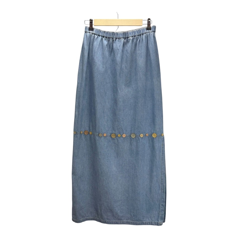 f.l. malik Denim Maxi Skirt Button Accent‎ Elastic Waist Women's Size S Made USA